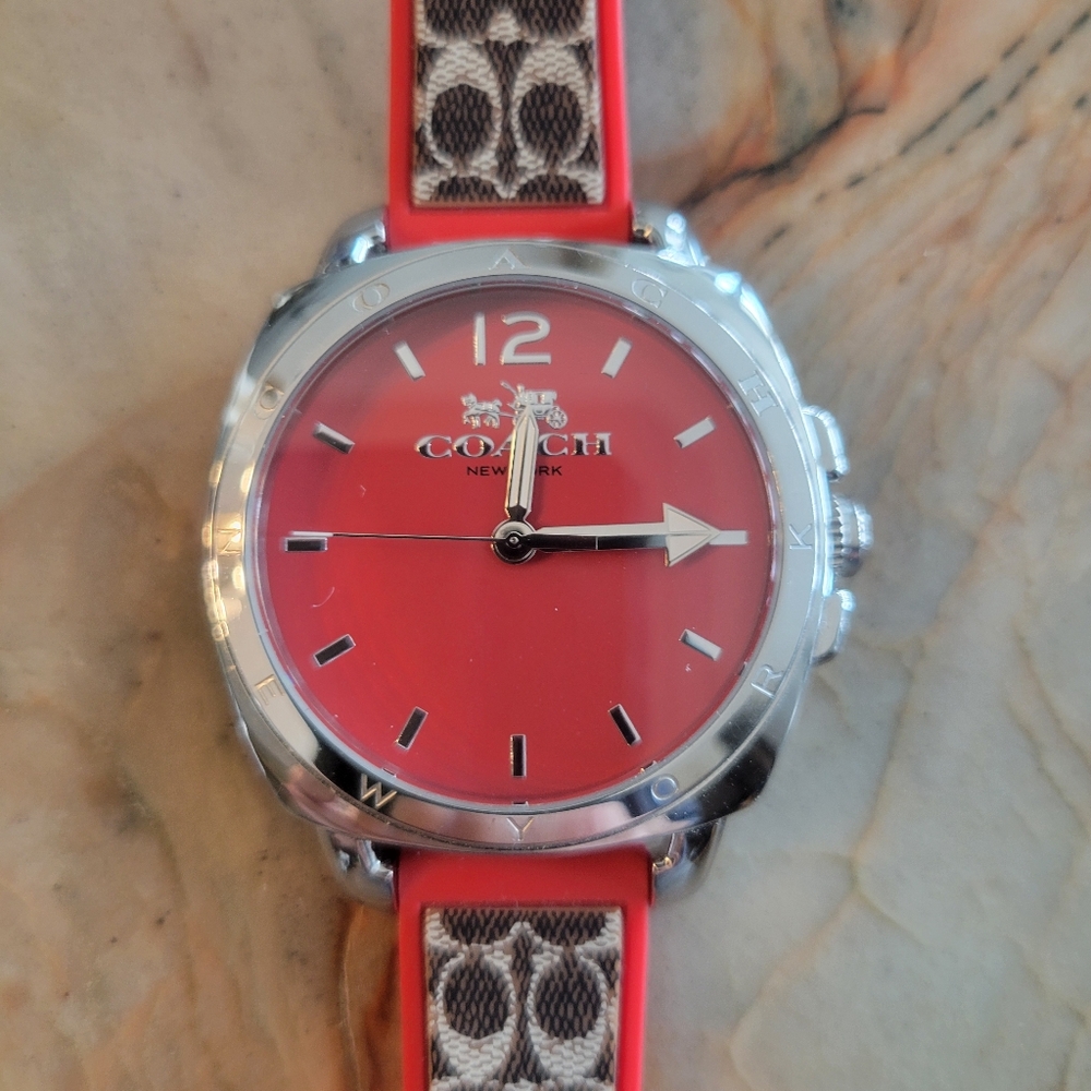 NEW Coach Red and Silver Watch with Coach Monogram Band